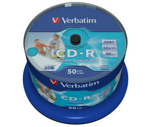  CD-R Verbatim 700 Mb, 52x, Cake Box (50), DL+, Full Ink Printable (50/200)