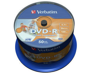  DVD-R Verbatim 4.7 Gb, 16x, Cake Box (50), Printable (50/200).
