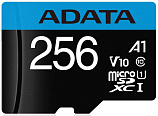 Карта памяти ADATA microSD 256GB microSDHC Class 10 UHS-I A1 100/25 MB/s (SD адаптер) AUSDX256GUICL10A1-RA10 белый